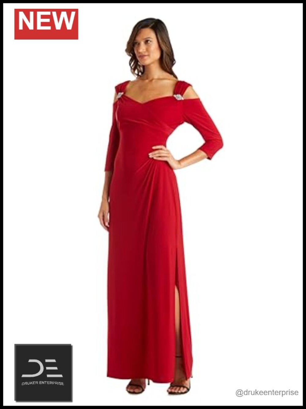 R&M Richards Bijou De Nuit Off Shoulder Jeweled Formal Gown Slit